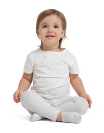 Photo of Cute little baby girl on white background