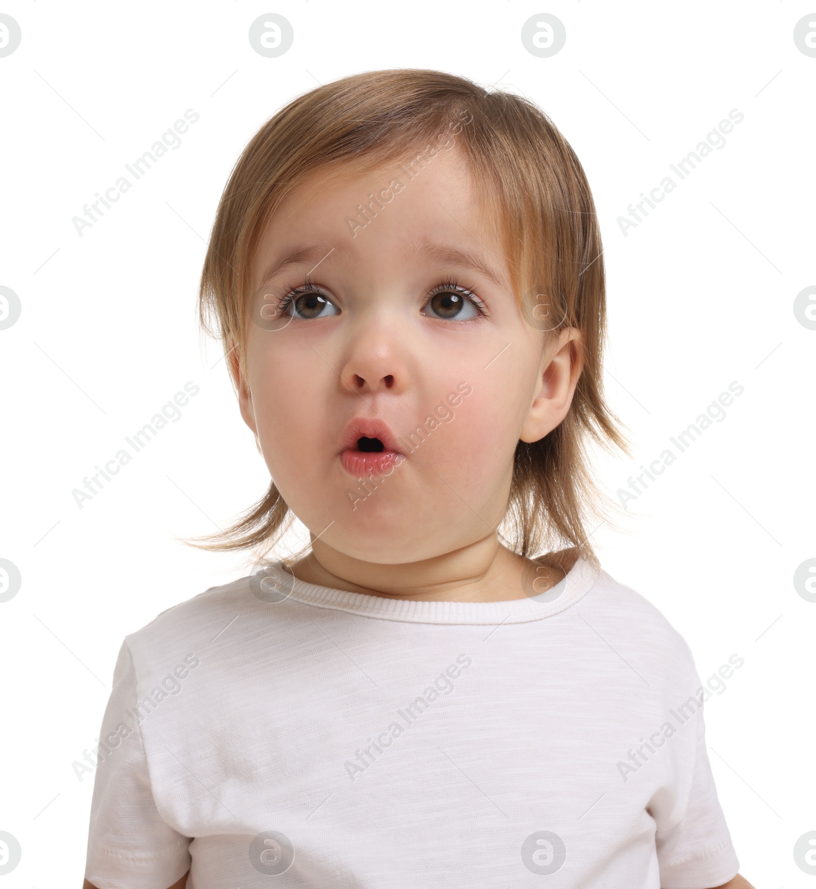 Photo of Cute little baby girl on white background