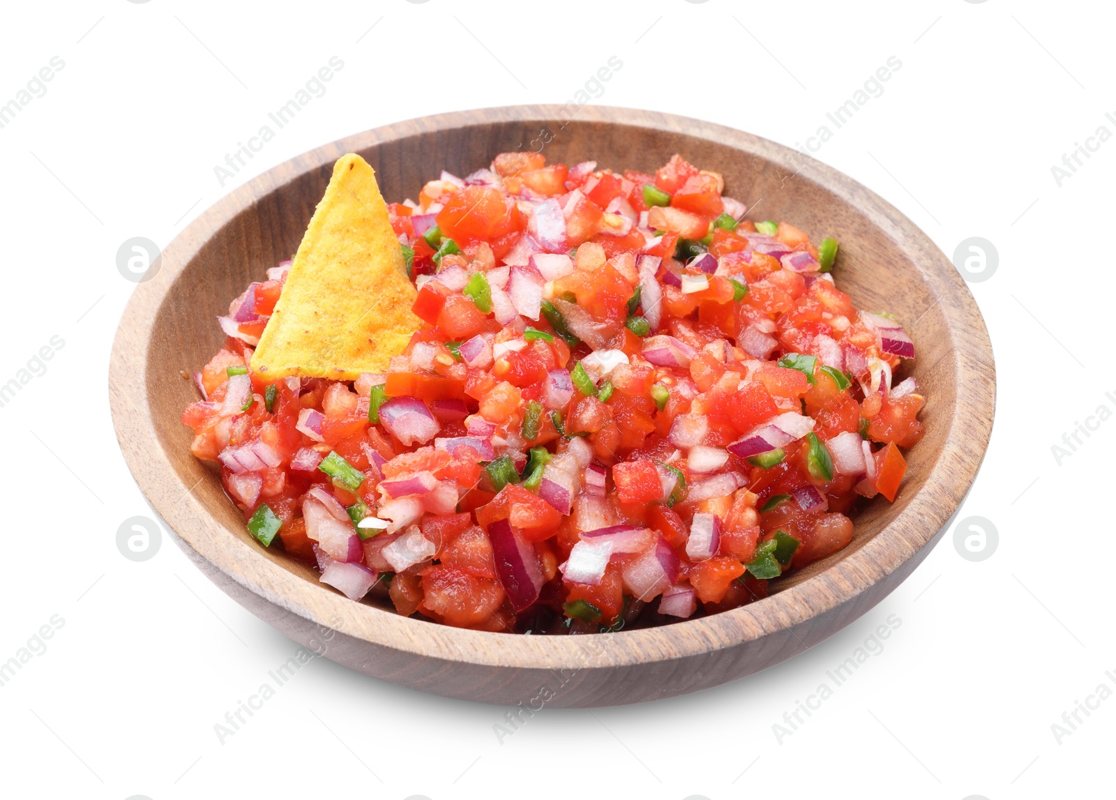 Photo of Delicious salsa and nacho chip in bowl isolated on white