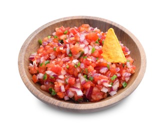 Delicious salsa and nacho chip in bowl isolated on white