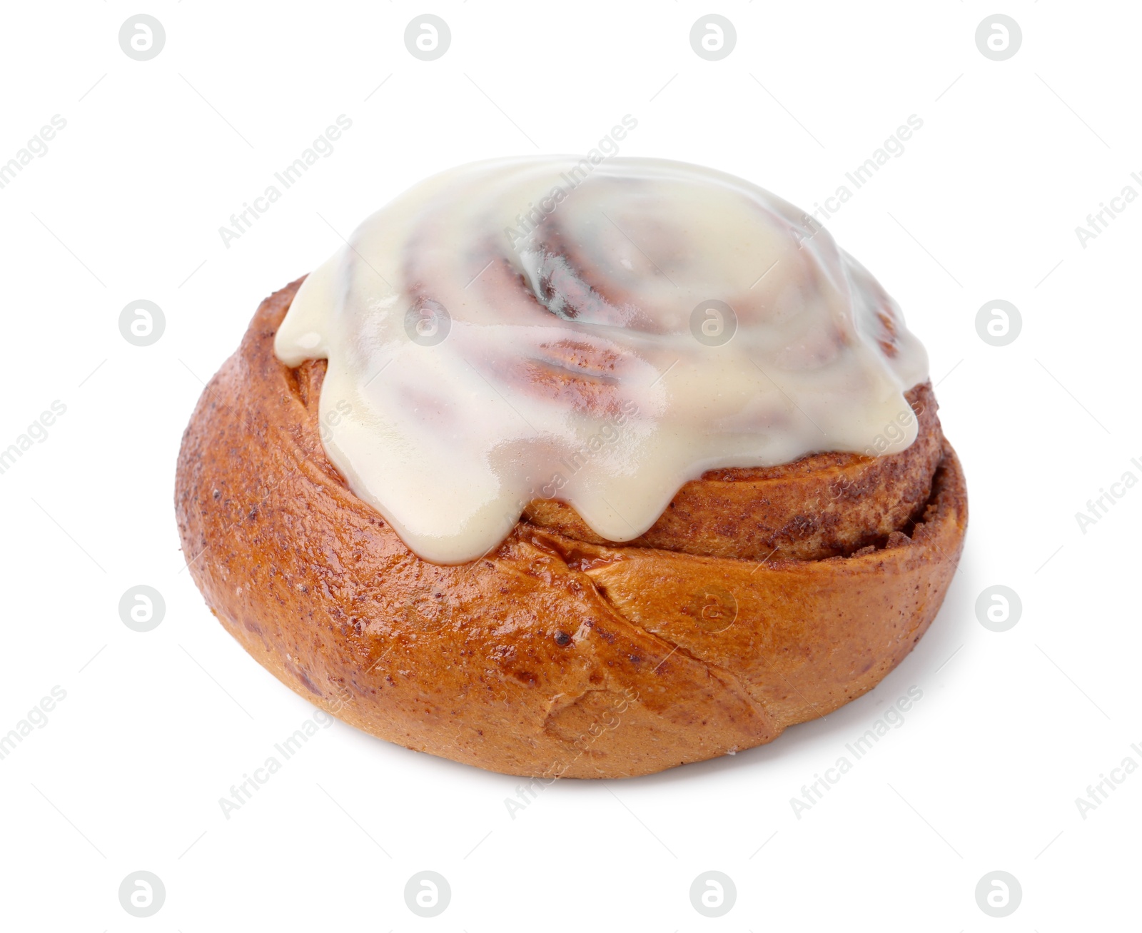 Photo of Tasty cinnamon roll with cream isolated on white