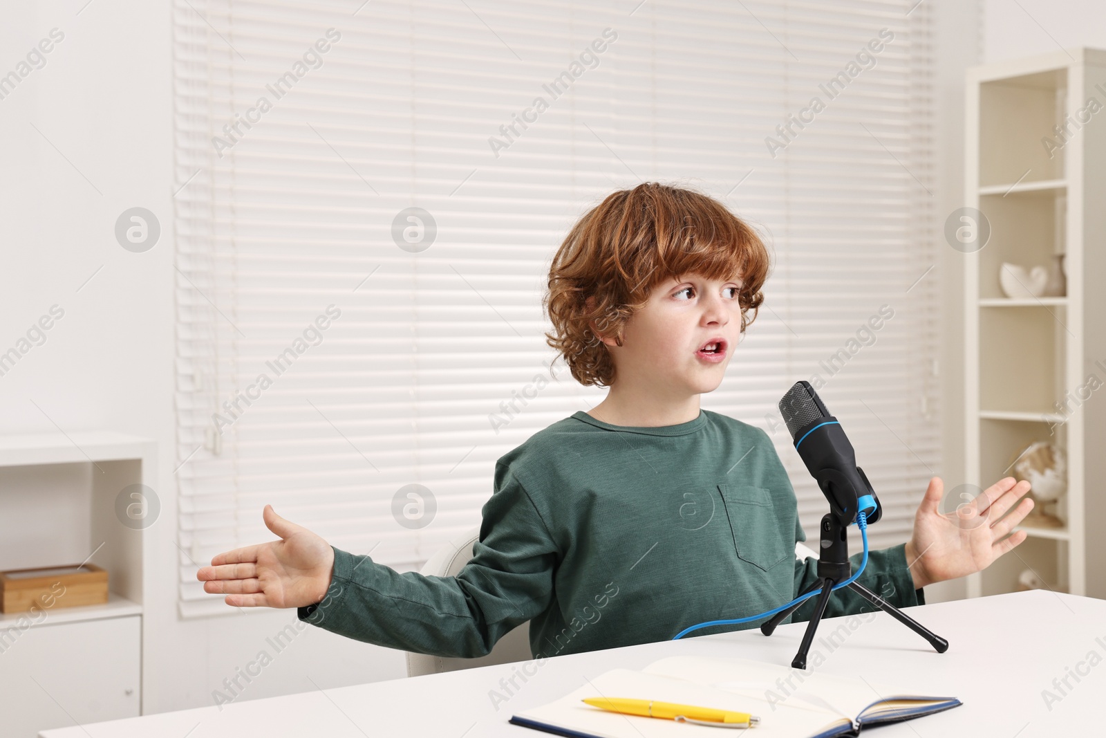 Photo of Little boy with microphone at white table indoors