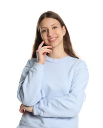 Photo of Portrait of smiling teenage girl on white background