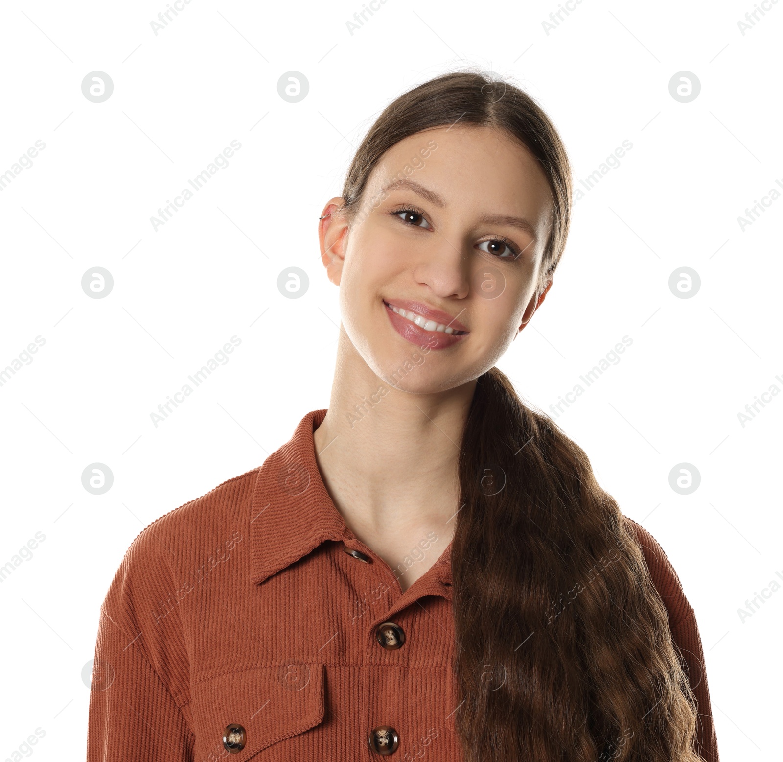 Photo of Portrait of smiling teenage girl on white background