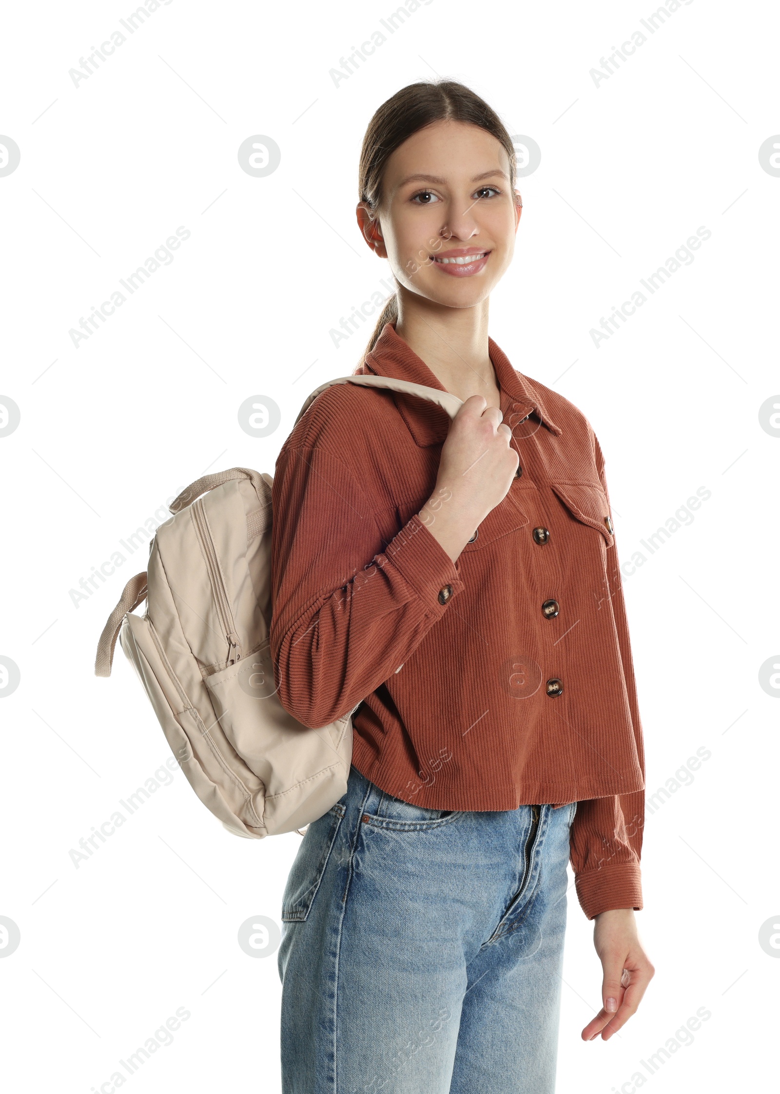 Photo of Portrait of smiling teenage girl with backpack on white background