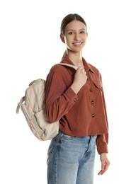 Photo of Portrait of smiling teenage girl with backpack on white background