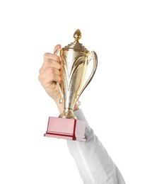 Photo of Man with golden trophy cup on white background, closeup