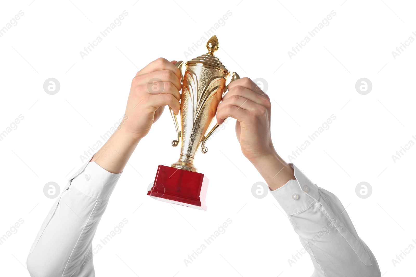 Photo of Man with golden trophy cup on white background, closeup