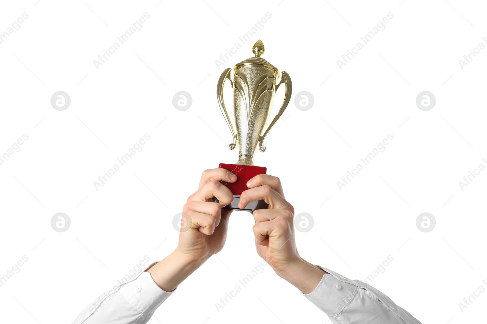 Photo of Man with golden trophy cup on white background, closeup