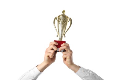 Photo of Man with golden trophy cup on white background, closeup