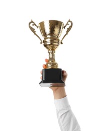 Man with golden trophy cup on white background, closeup