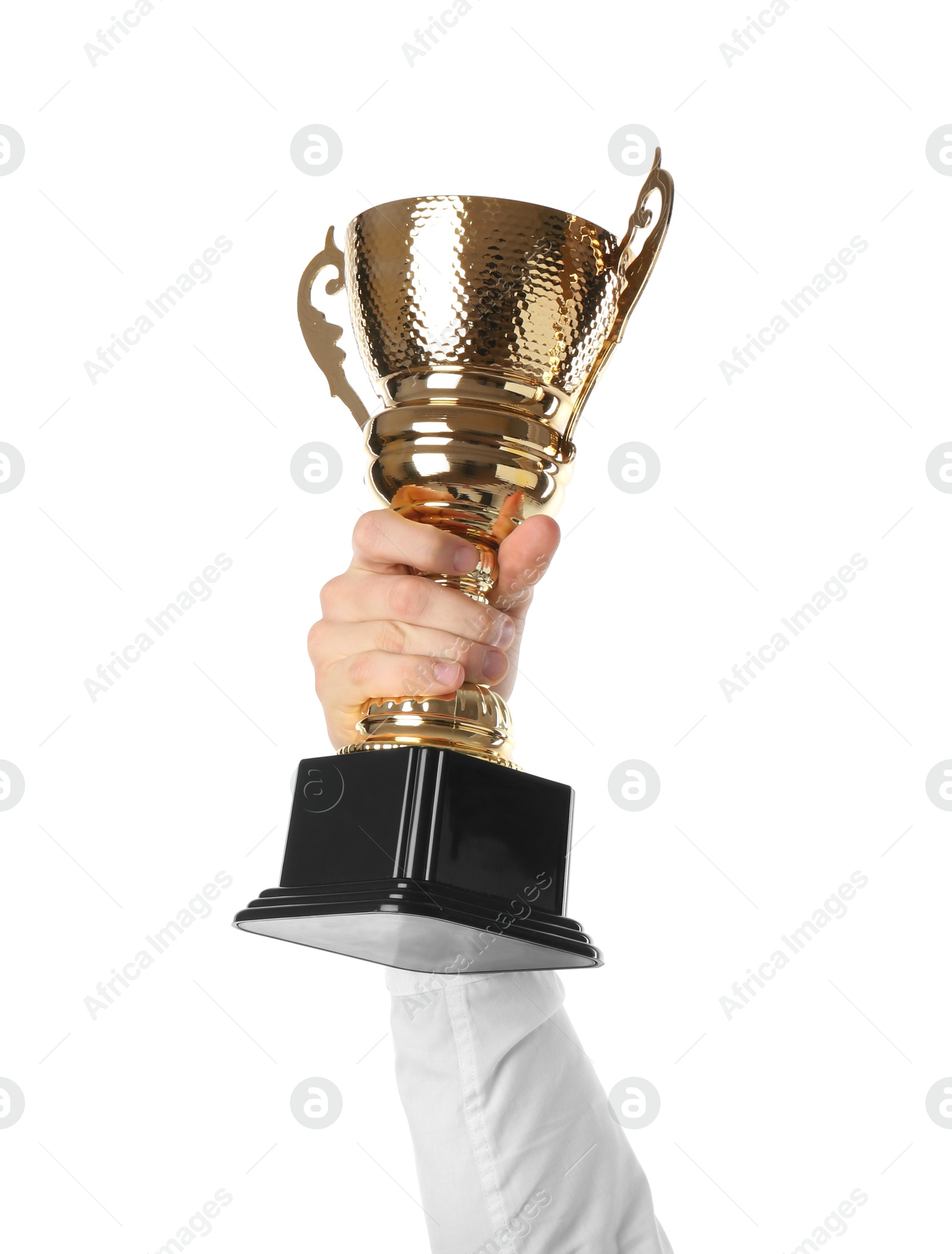 Photo of Man with golden trophy cup on white background, closeup