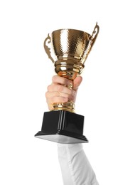 Photo of Man with golden trophy cup on white background, closeup