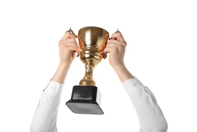 Photo of Man with golden trophy cup on white background, closeup