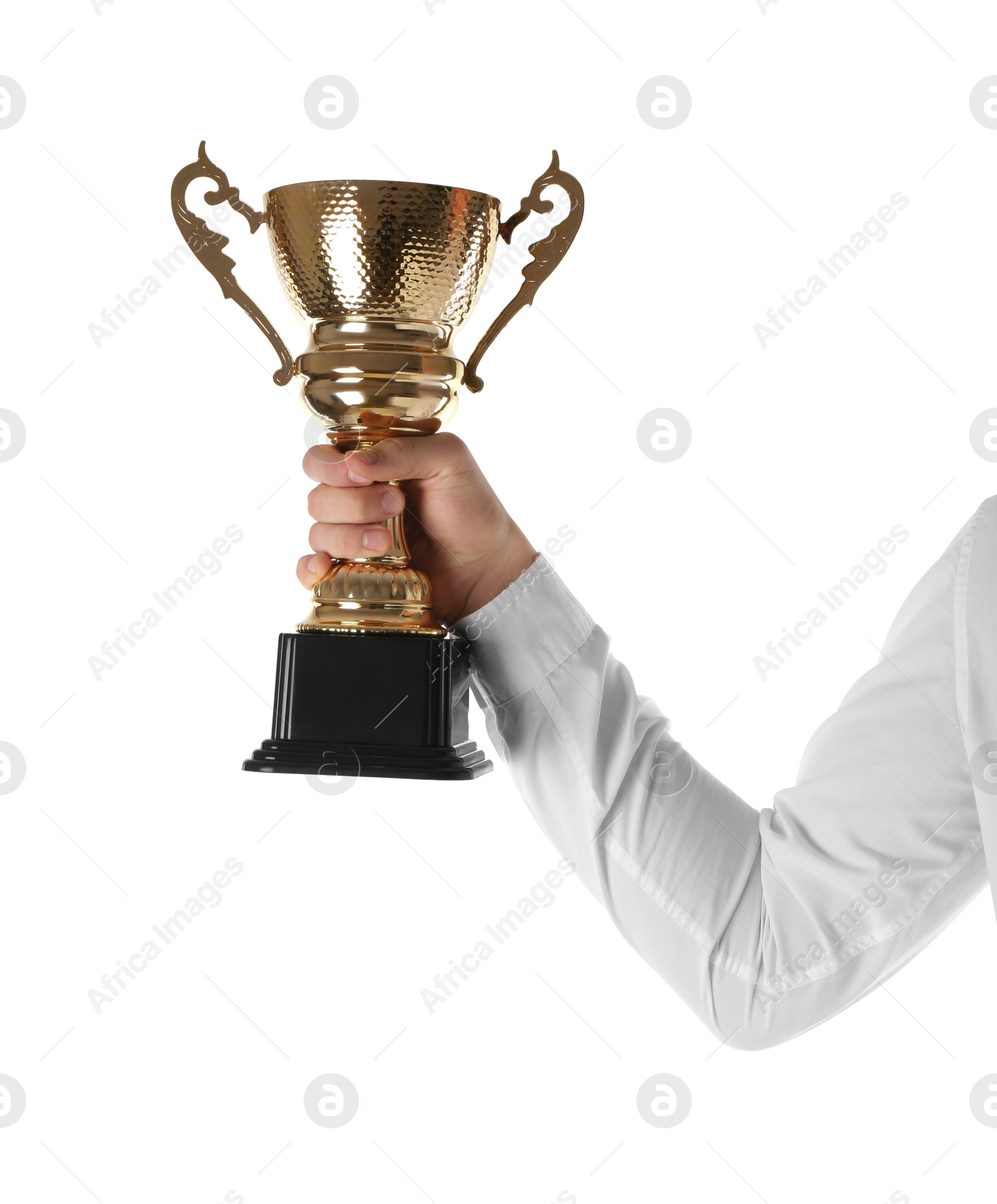 Photo of Man with golden trophy cup on white background, closeup