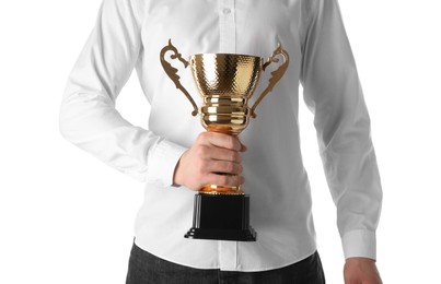 Photo of Man with golden trophy cup on white background, closeup