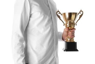 Photo of Man with golden trophy cup on white background, closeup