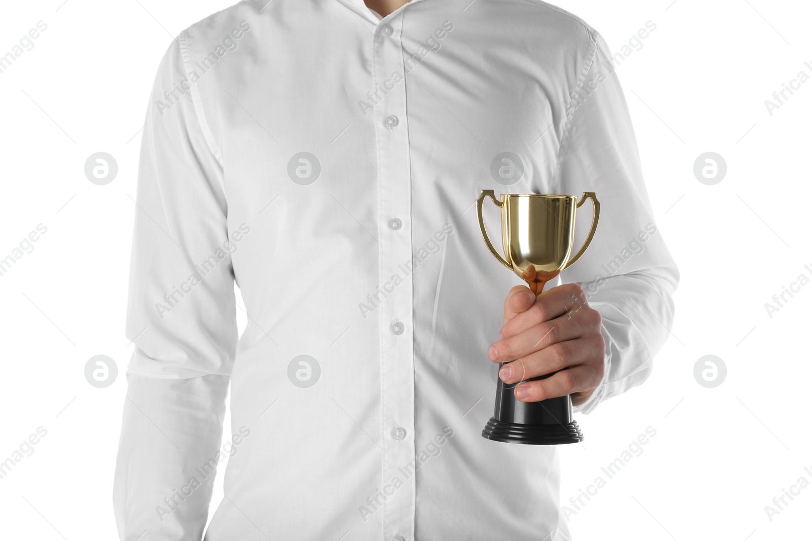 Photo of Man with golden trophy cup on white background, closeup