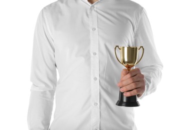 Photo of Man with golden trophy cup on white background, closeup