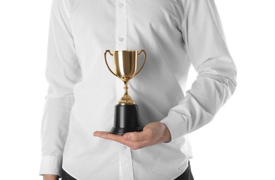 Photo of Man with golden trophy cup on white background, closeup