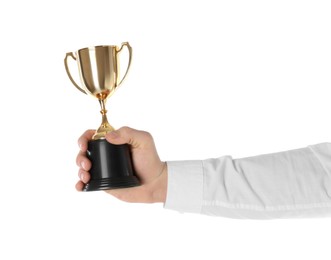 Photo of Man with golden trophy cup on white background, closeup