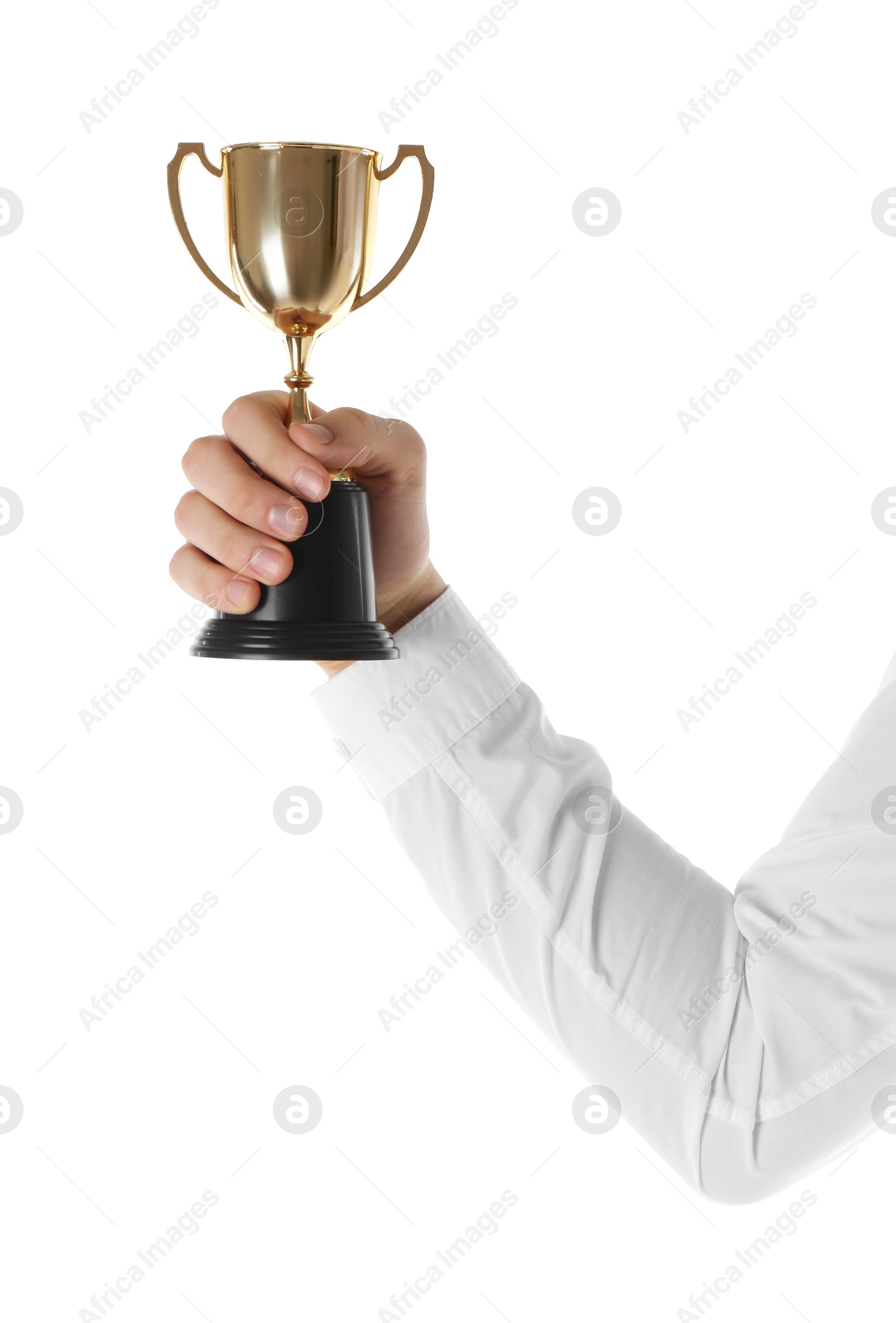 Photo of Man with golden trophy cup on white background, closeup