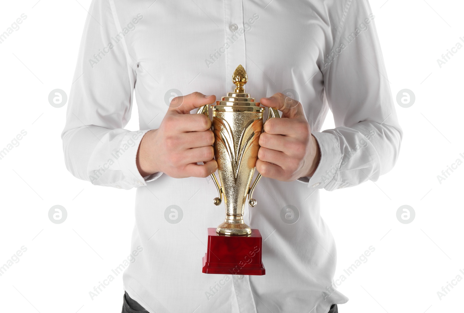 Photo of Man with golden trophy cup on white background, closeup