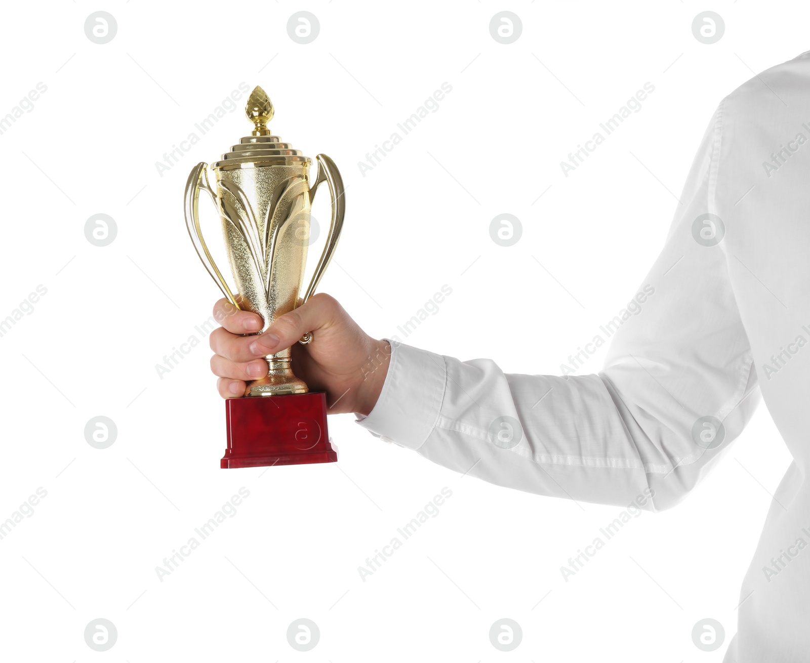 Photo of Man with golden trophy cup on white background, closeup