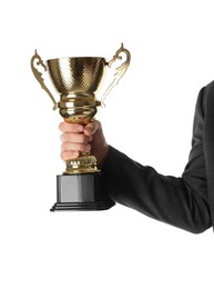 Photo of Man with golden trophy cup on white background, closeup