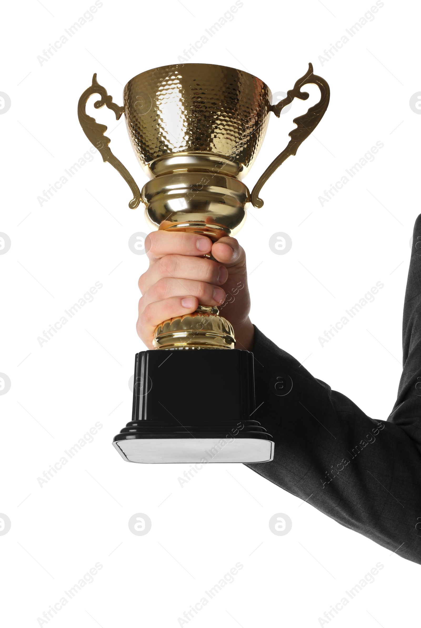 Photo of Man with golden trophy cup on white background, closeup