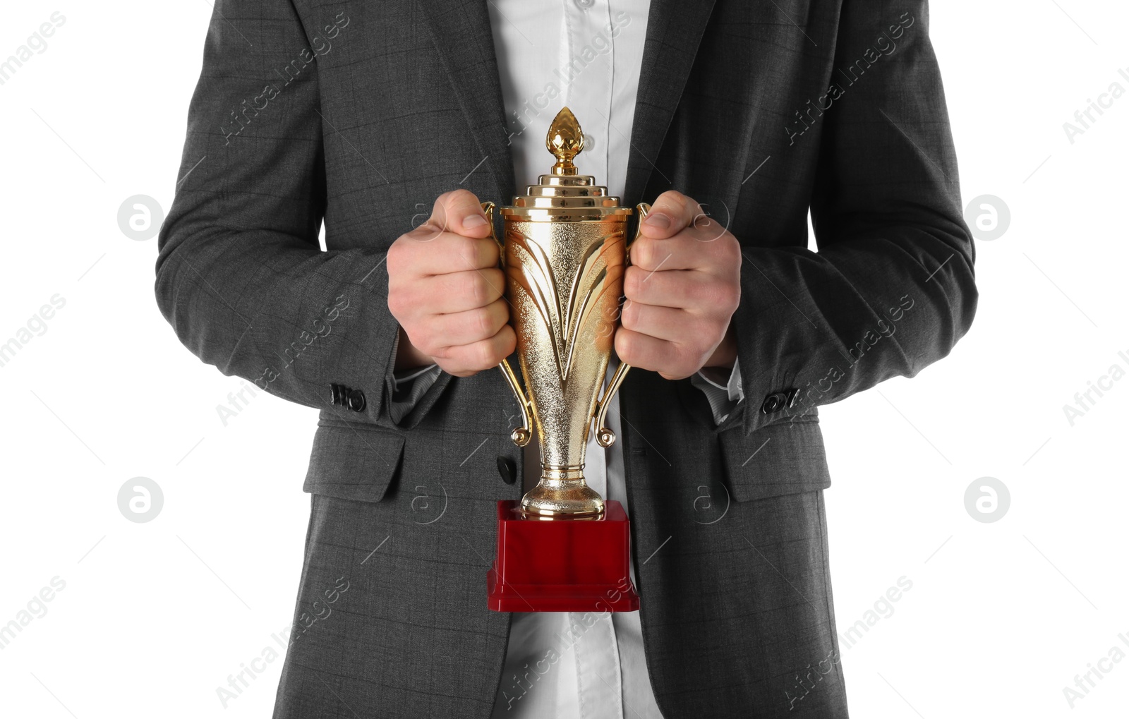 Photo of Man with golden trophy cup on white background, closeup