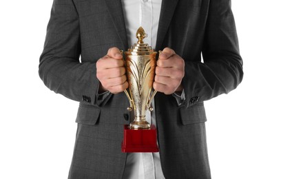 Photo of Man with golden trophy cup on white background, closeup