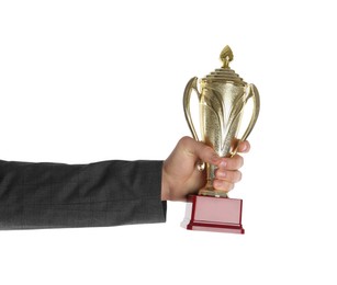 Photo of Man with golden trophy cup on white background, closeup