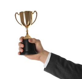 Photo of Man with golden trophy cup on white background, closeup