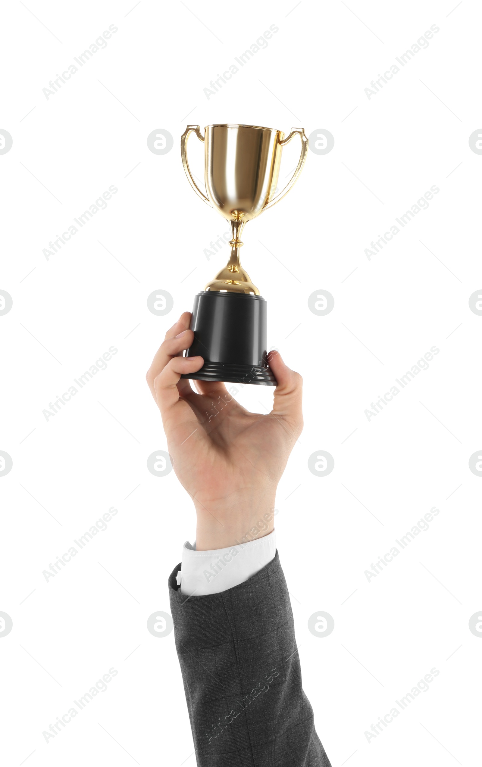 Photo of Man with golden trophy cup on white background, closeup