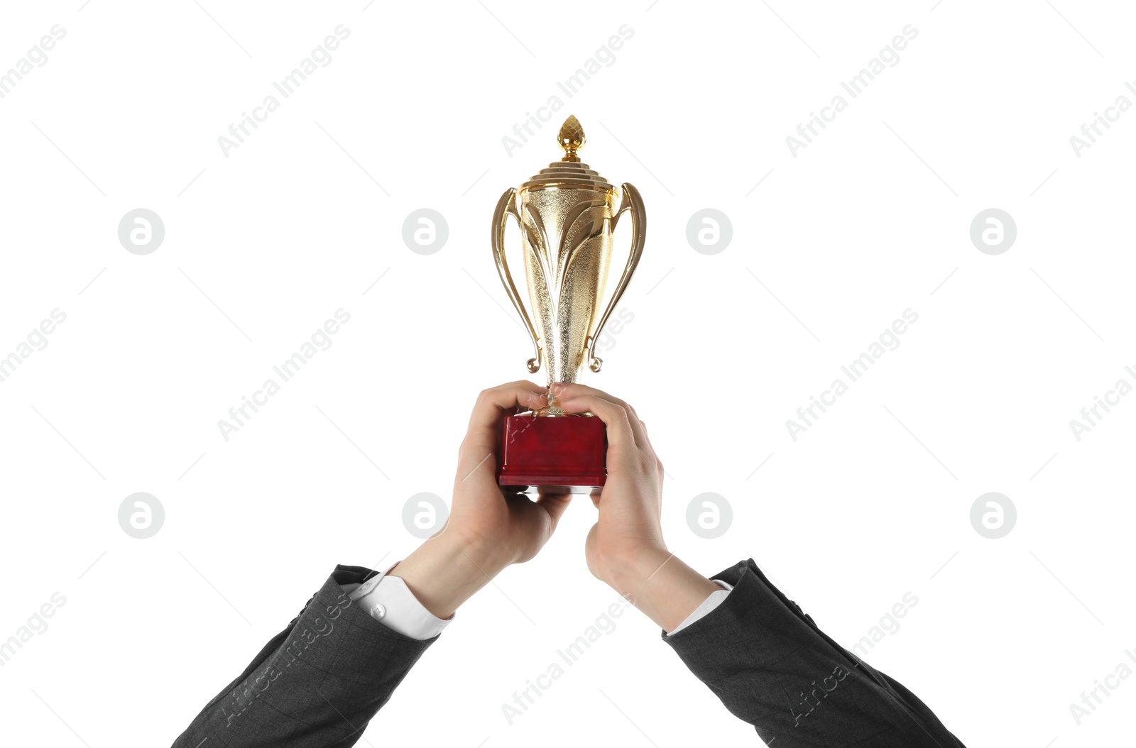 Photo of Man with golden trophy cup on white background, closeup