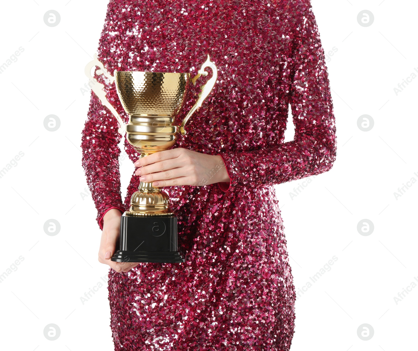 Photo of Woman with golden trophy cup on white background, closeup