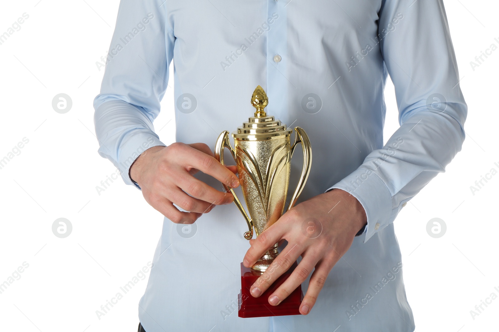 Photo of Man with golden trophy cup on white background, closeup