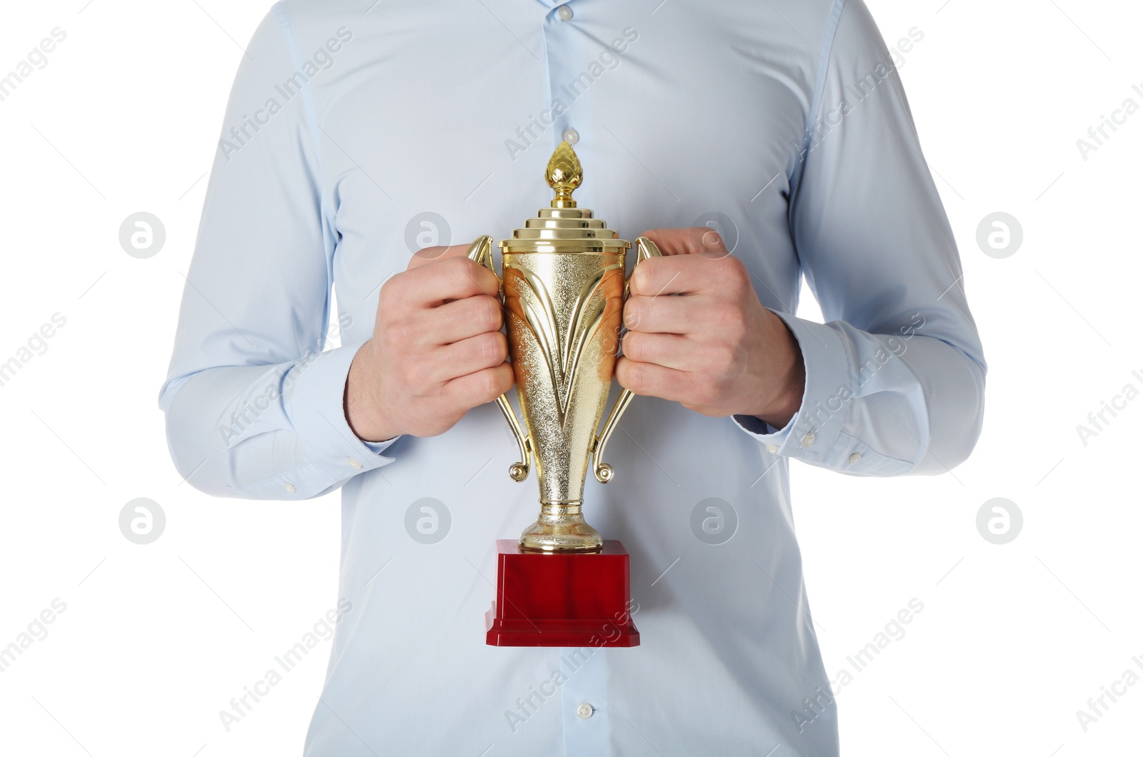 Photo of Man with golden trophy cup on white background, closeup