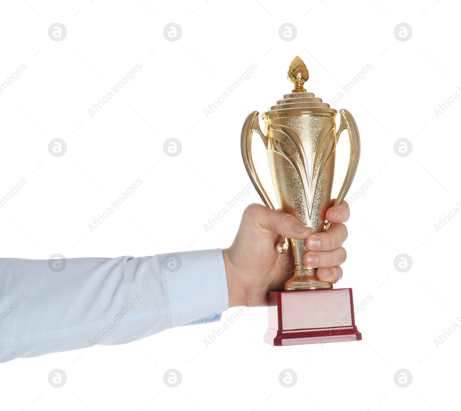 Photo of Man with golden trophy cup on white background, closeup