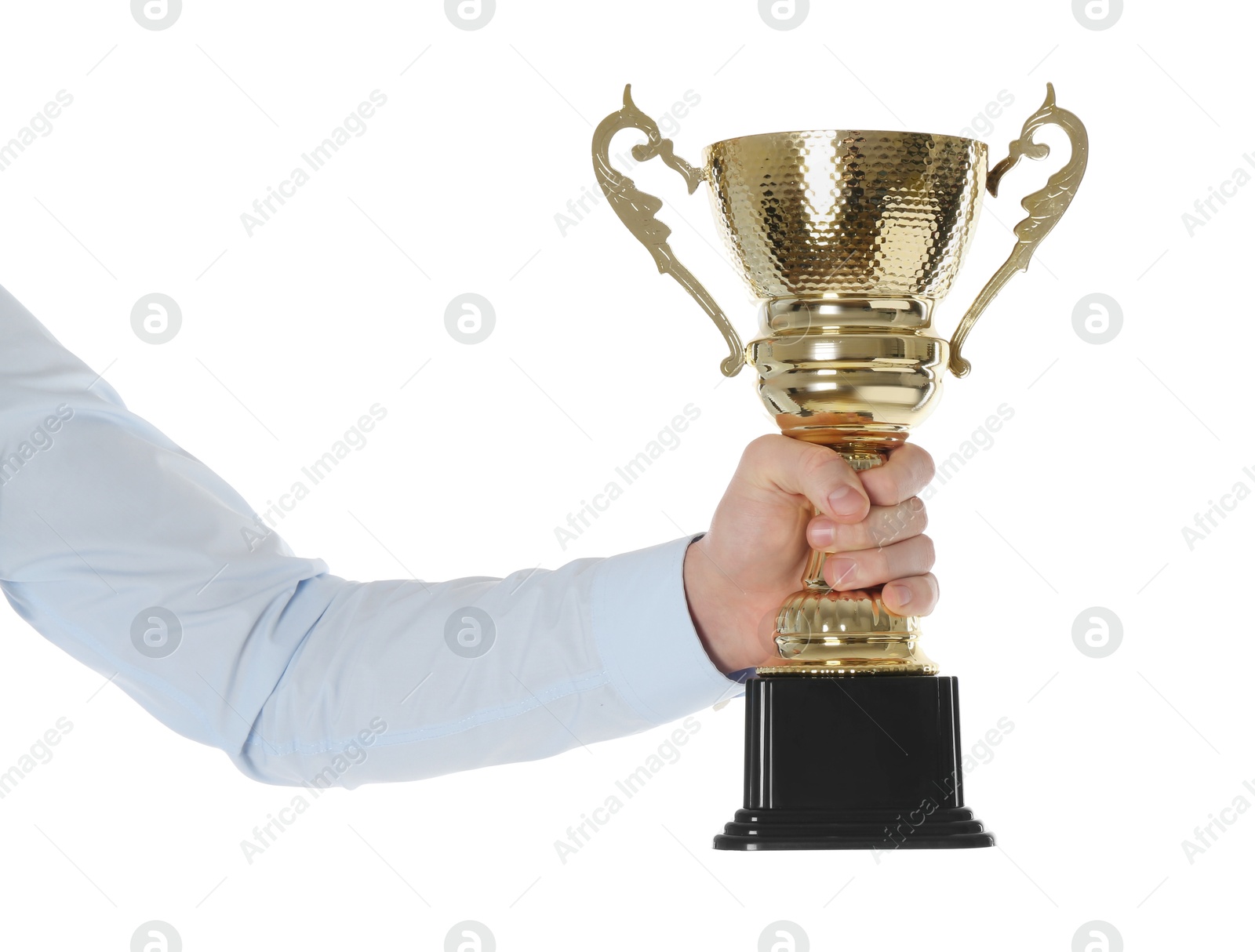 Photo of Man with golden trophy cup on white background, closeup