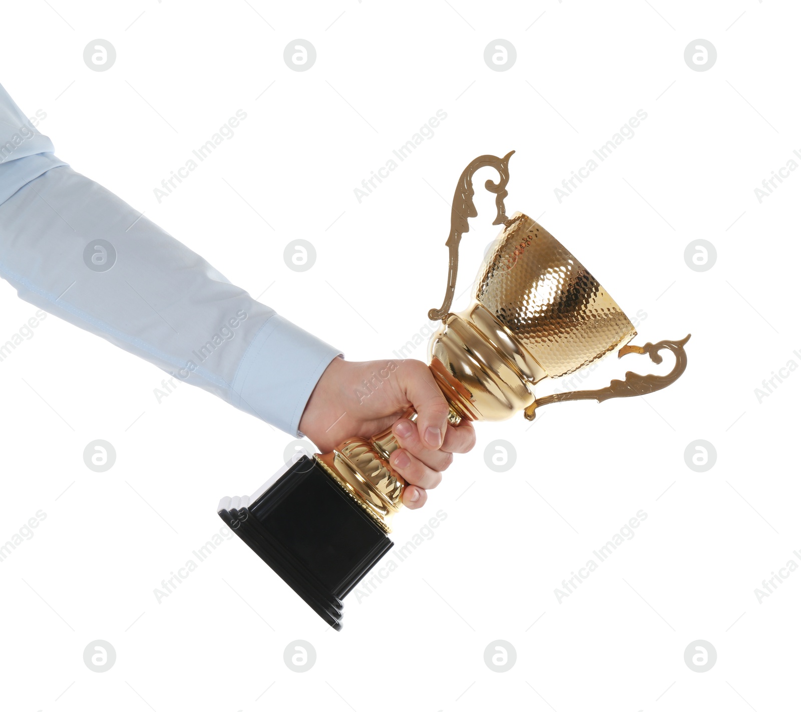 Photo of Man with golden trophy cup on white background, closeup