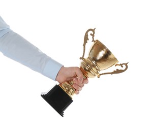 Photo of Man with golden trophy cup on white background, closeup