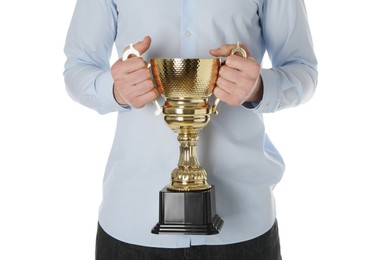 Photo of Man with golden trophy cup on white background, closeup