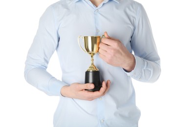 Photo of Man with golden trophy cup on white background, closeup