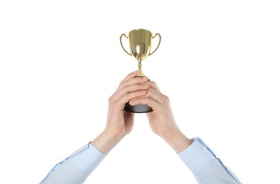 Photo of Man with golden trophy cup on white background, closeup