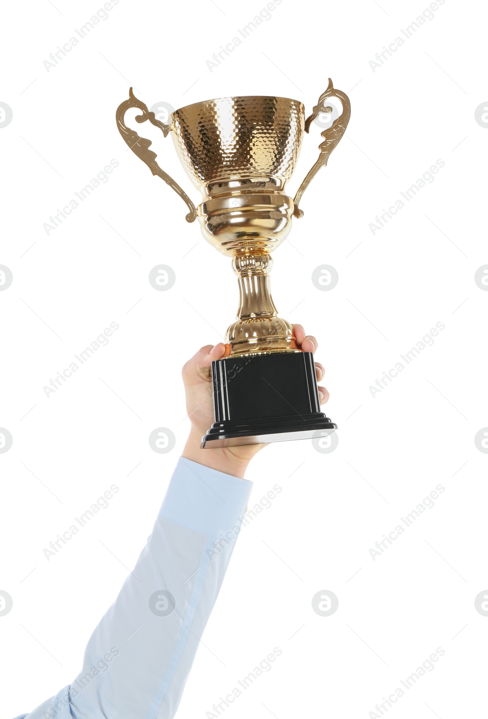 Photo of Man with golden trophy cup on white background, closeup