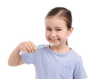 Photo of Cute girl with toothbrush on white background