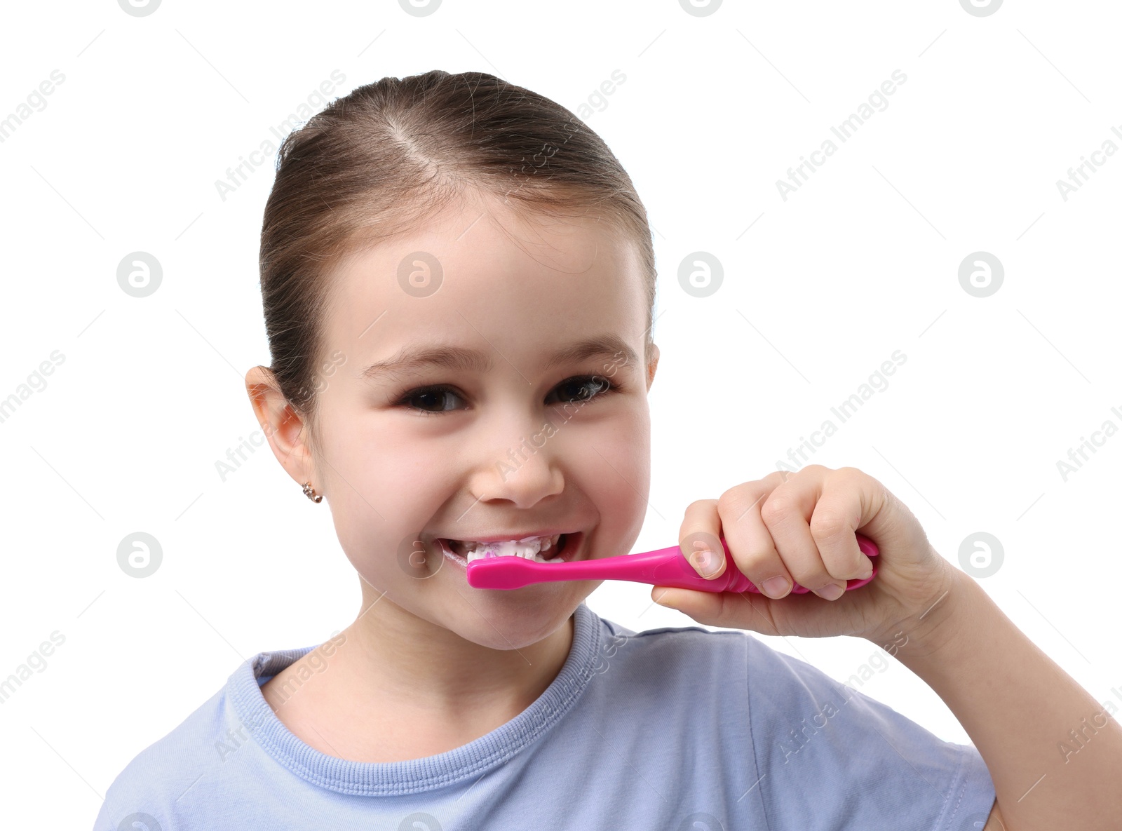 Photo of Cute girl brushing her teeth on white background