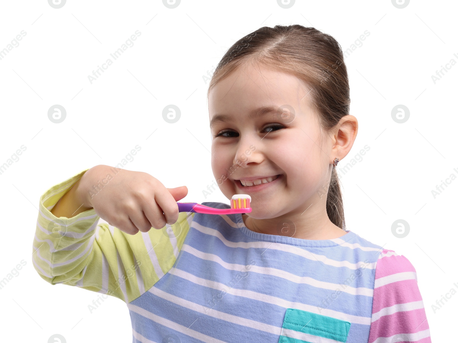 Photo of Cute girl brushing her teeth on white background